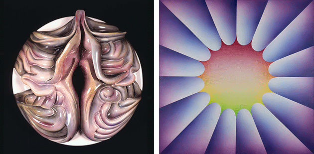 [left] Judy Chicago, Georgia O'Keeffe Place Setting, 1974-1979. Brooklyn Museum of Art. Image: © Donald Woodman. Courtesy of Judith Chicago / Art Resource, NY, Artwork: © 2022 Judy Chicago / Artists Rights Society (ARS), New York [right] Judy Chicago, Through the Flower 2, 1973. Image: © Donald Woodman. Courtesy of Judith Chicago / Art Resource, NY, Artwork: © 2022 Judy Chicago / Artists Rights Society (ARS), New York